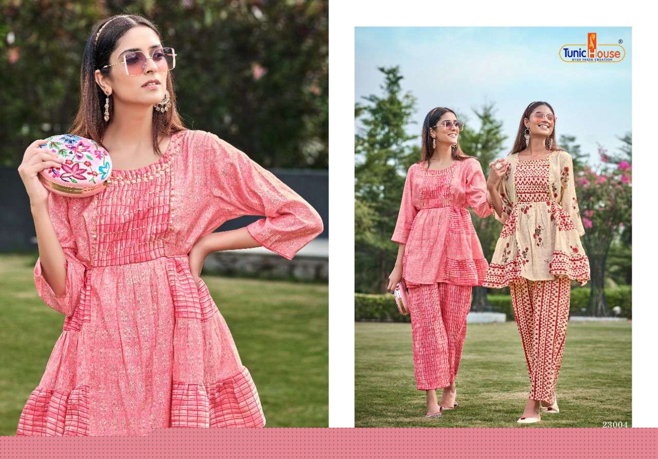 FUSHION BY TUNIC HOUSE 23001 TO 23004 SERIES DESIGNER STYLISH FANCY COLORFUL BEAUTIFUL PARTY WEAR & ETHNIC WEAR COLLECTION MUSLIN SILK TOPS WITH BOTTOM AT WHOLESALE PRICE