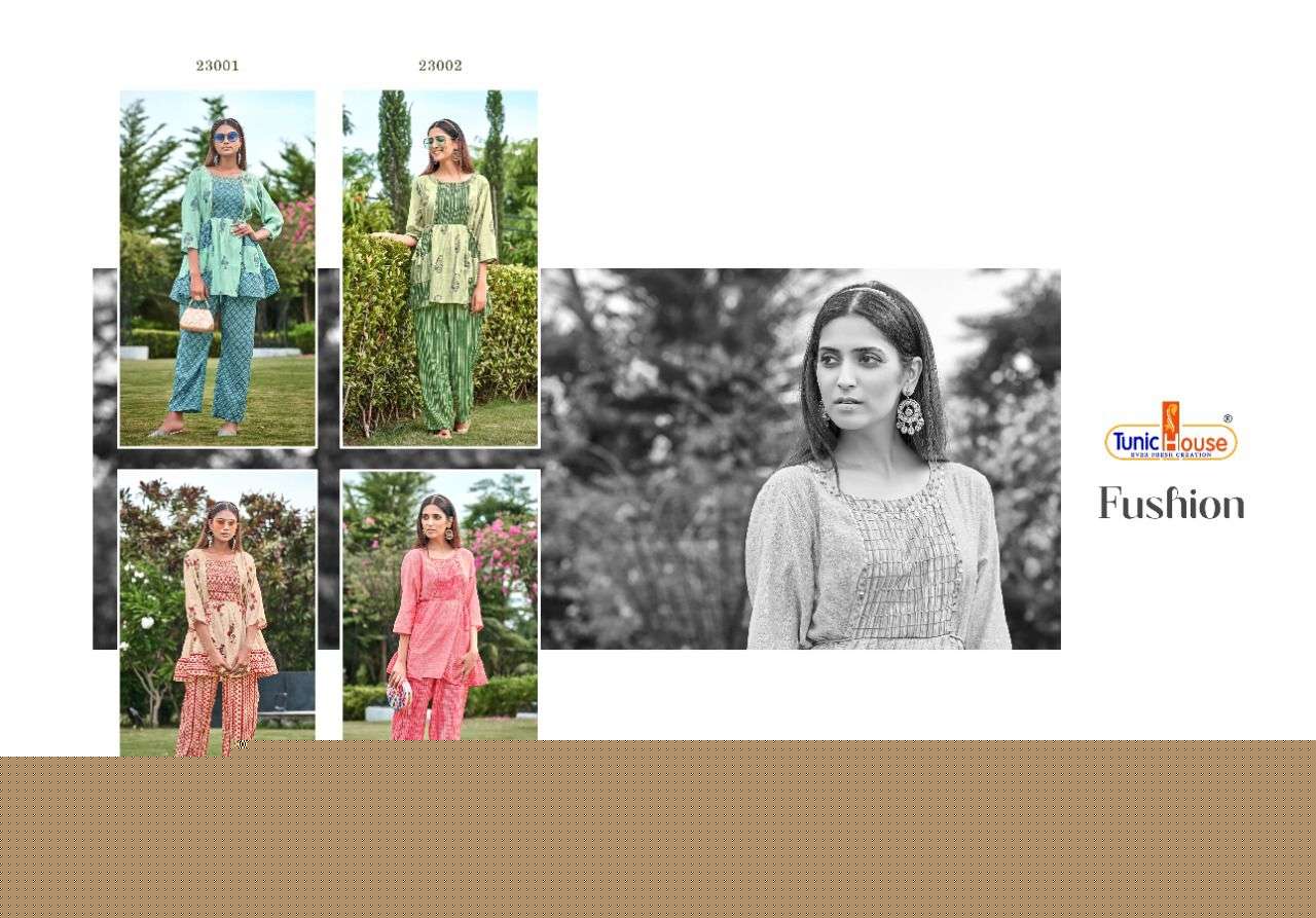 FUSHION BY TUNIC HOUSE 23001 TO 23004 SERIES DESIGNER STYLISH FANCY COLORFUL BEAUTIFUL PARTY WEAR & ETHNIC WEAR COLLECTION MUSLIN SILK TOPS WITH BOTTOM AT WHOLESALE PRICE