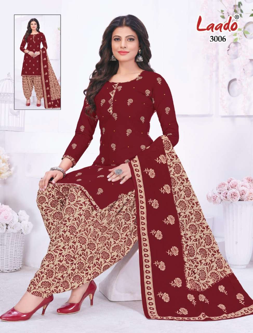 NADIYA PATIYALA VOL-3 BY LAADO 3001 TO 3012 SERIES BEAUTIFUL COLLECTION SUITS STYLISH FANCY COLORFUL CASUAL WEAR & ETHNIC WEAR COTTON PRINTED DRESSES AT WHOLESALE PRICE