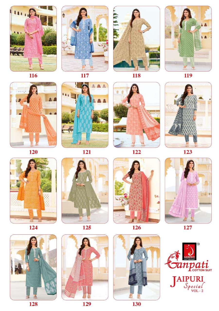 JAIPURI SPECIAL VOL-2 BY GANPATI COTTON SUITS 116TO 130 SERIES BEAUTIFUL STYLISH SUITS FANCY COLORFUL CASUAL WEAR & ETHNIC WEAR & READY TO WEAR PURE COTTON PRINT DRESSES AT WHOLESALE PRICE
