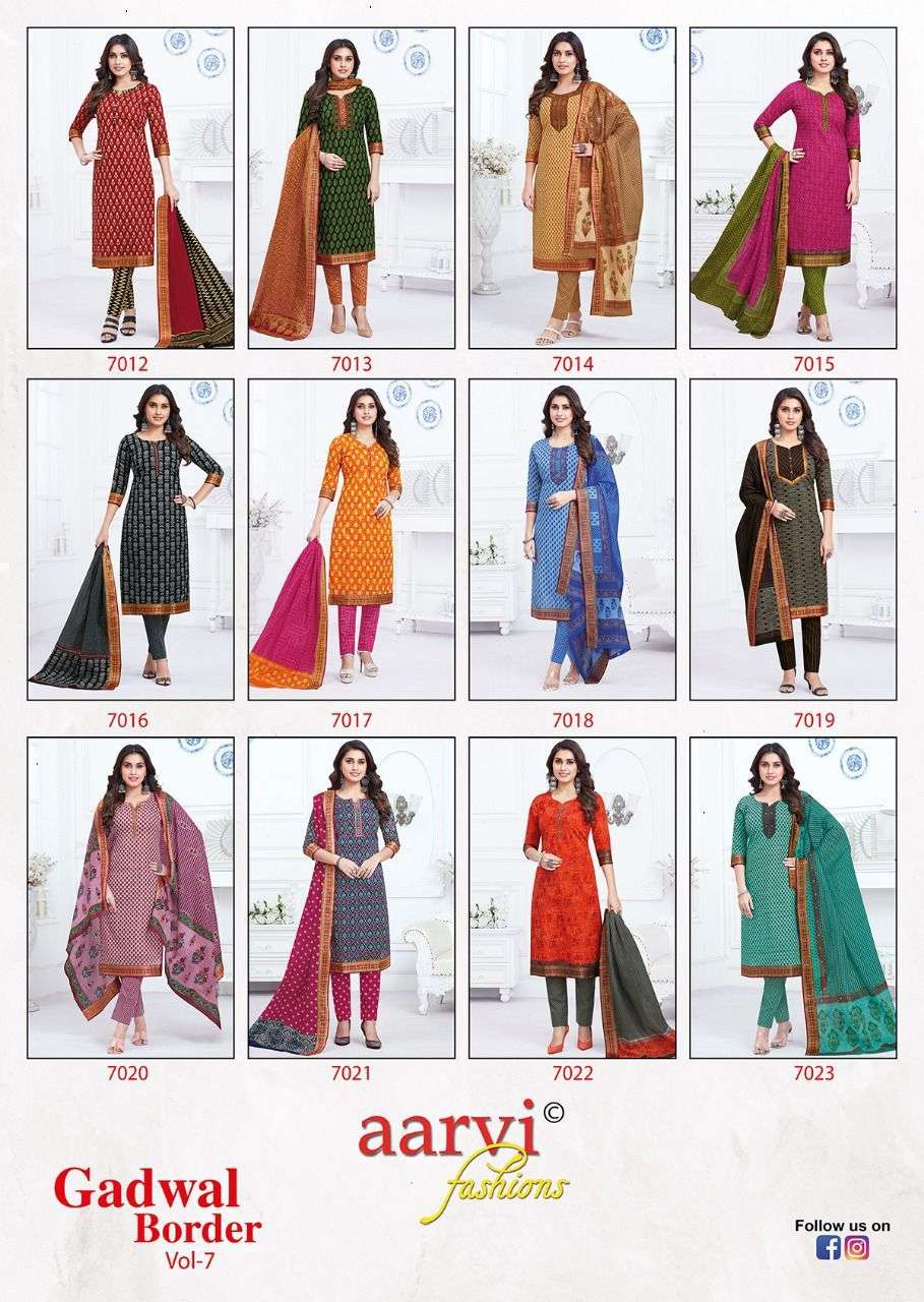 GADWAL BORDER VOL-7 BY AARVI FASHION 7012 TO 7023 SERIES BEAUTIFUL SUITS COLORFUL STYLISH FANCY CASUAL WEAR & ETHNIC WEAR FANCY DRESSES AT WHOLESALE PRICE