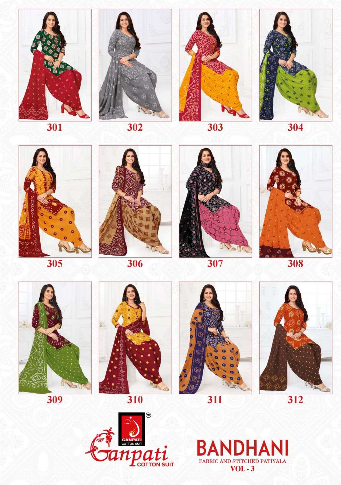 BANDHANI VOL-3 BY GANPATI COTTON SUITS 301 TO 312 SERIES BEAUTIFUL SUITS COLORFUL STYLISH FANCY CASUAL WEAR & ETHNIC WEAR PURE COTTON PRINT DRESSES AT WHOLESALE PRICE