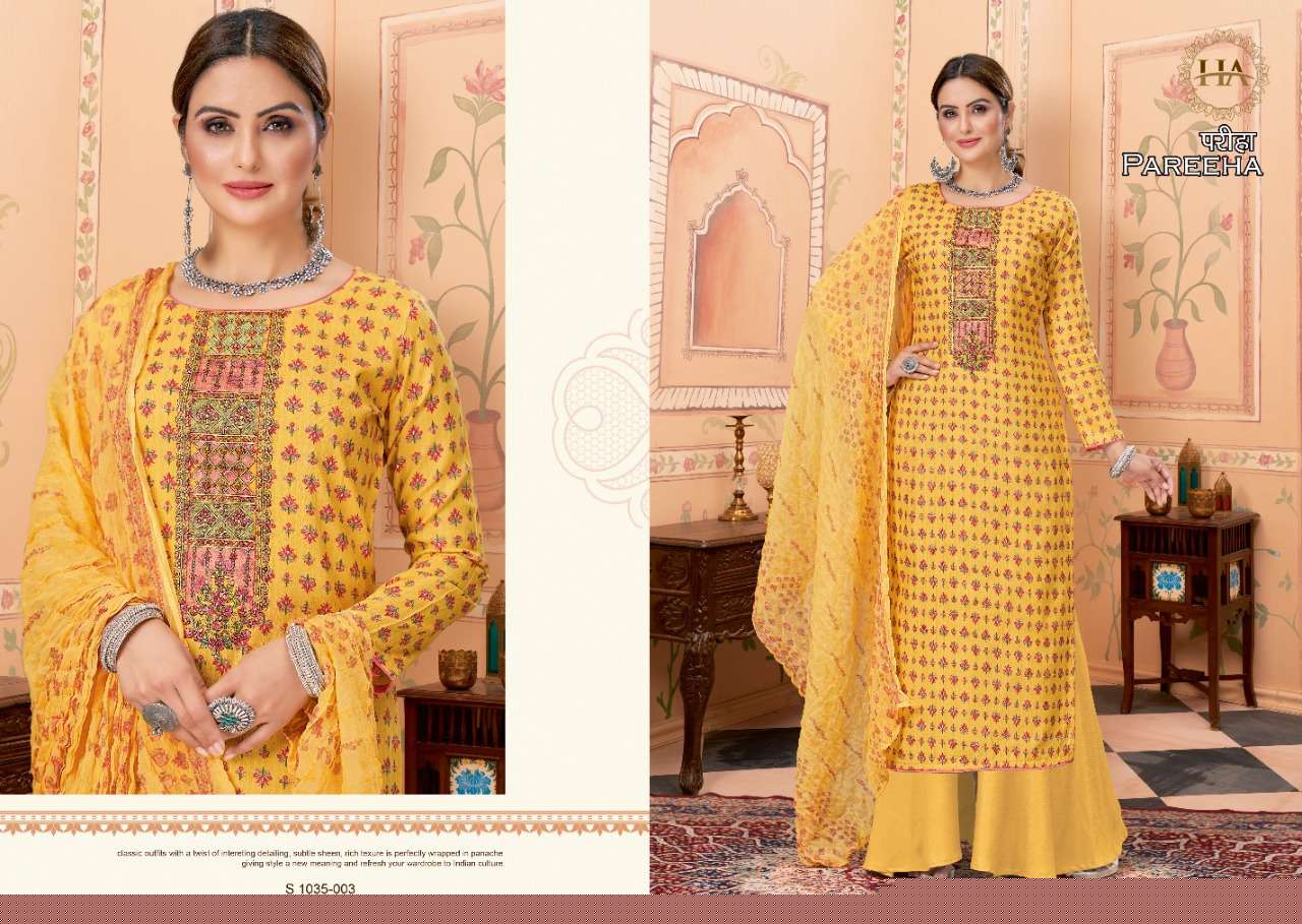 PAREEHA BY HARSHIT FASHION HUB 1035-001 TO 1035-008 SERIES BEAUTIFUL SUITS COLORFUL STYLISH FANCY CASUAL WEAR & ETHNIC WEAR VISCOSE RAYON DIGITAL PRINT DRESSES AT WHOLESALE PRICE