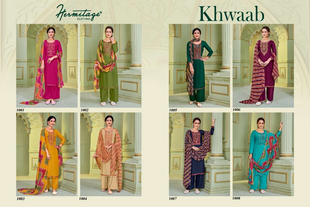 KHWAAB BY HERMITAGE 1001 TO 1008 SERIES BEAUTIFUL STYLISH SUITS FANCY COLORFUL CASUAL WEAR & ETHNIC WEAR & READY TO WEAR PURE VISCOSE RAYON EMBROIDERY DRESSES AT WHOLESALE PRICE