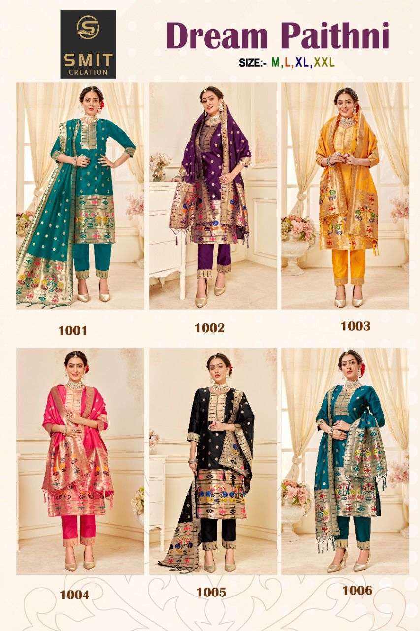 DREAM PAITHNI BY SMIT CREATION 1001 TO 1006 SERIES BEAUTIFUL STYLISH SUITS FANCY COLORFUL CASUAL WEAR & ETHNIC WEAR & READY TO WEAR PURE SILK PRINTED DRESSES AT WHOLESALE PRICE