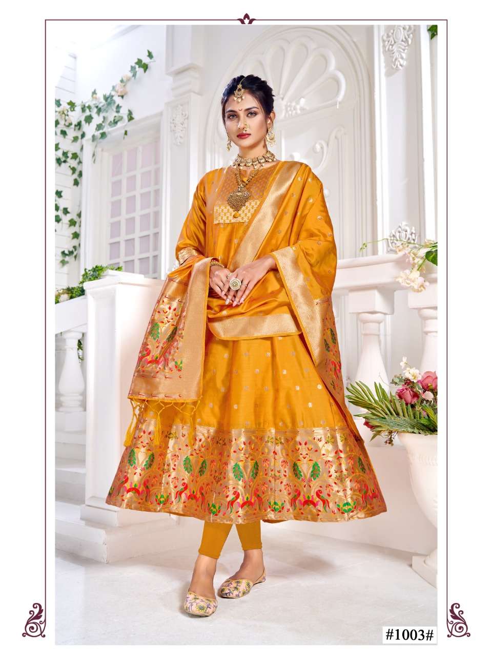 PAITHNI GOWN BY SMIT CREATION 1001 TO 1006 SERIES BEAUTIFUL STYLISH FANCY COLORFUL CASUAL WEAR & ETHNIC WEAR PATETA SILK GOWNS WITH DUPATTA AT WHOLESALE PRICE