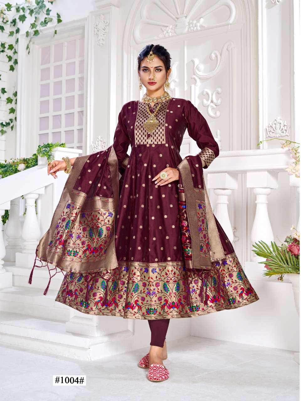 PAITHNI GOWN BY SMIT CREATION 1001 TO 1006 SERIES BEAUTIFUL STYLISH FANCY COLORFUL CASUAL WEAR & ETHNIC WEAR PATETA SILK GOWNS WITH DUPATTA AT WHOLESALE PRICE