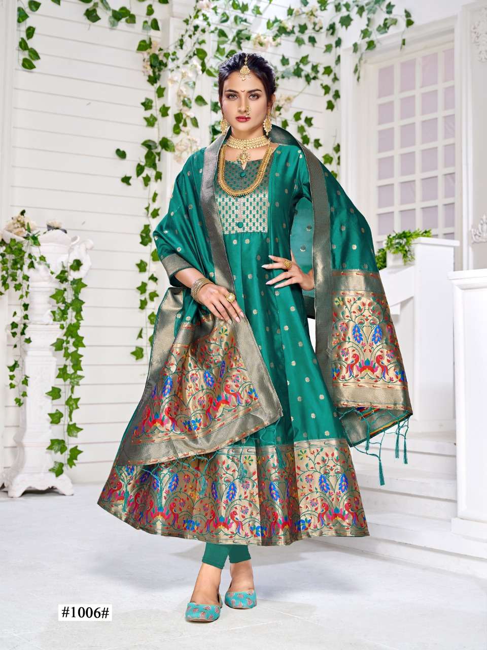 PAITHNI GOWN BY SMIT CREATION 1001 TO 1006 SERIES BEAUTIFUL STYLISH FANCY COLORFUL CASUAL WEAR & ETHNIC WEAR PATETA SILK GOWNS WITH DUPATTA AT WHOLESALE PRICE