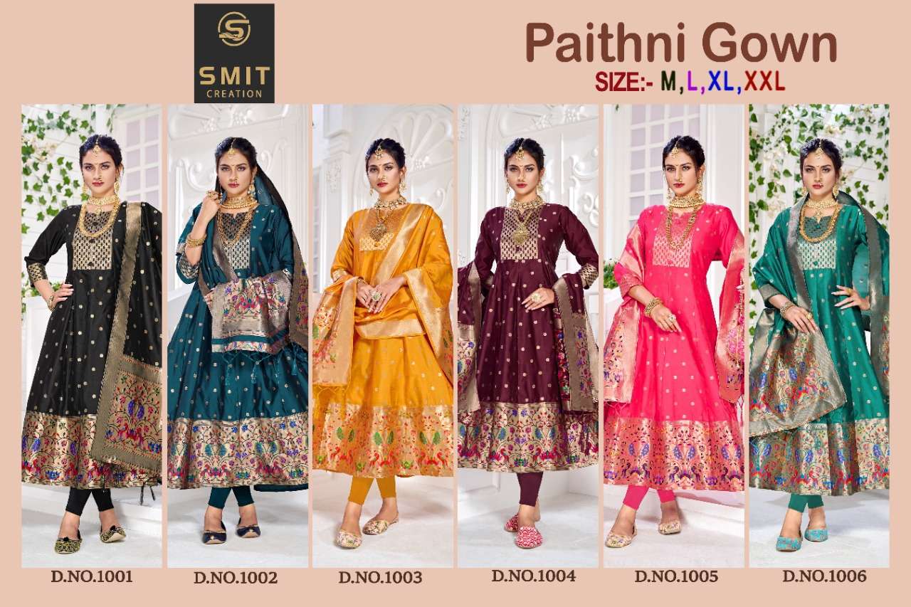 PAITHNI GOWN BY SMIT CREATION 1001 TO 1006 SERIES BEAUTIFUL STYLISH FANCY COLORFUL CASUAL WEAR & ETHNIC WEAR PATETA SILK GOWNS WITH DUPATTA AT WHOLESALE PRICE