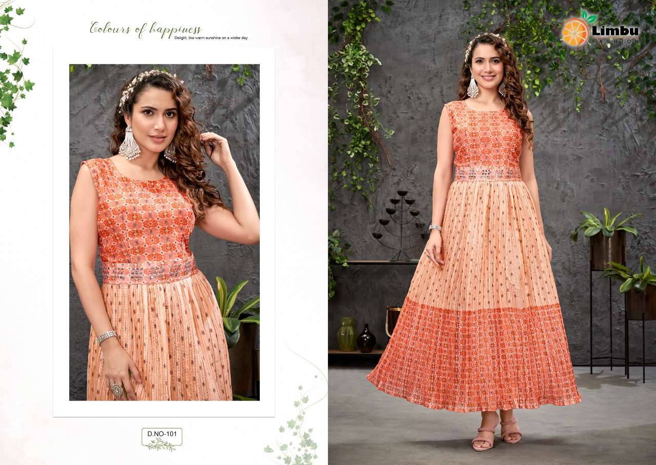 AASHVI BY LIMBU FASHION 101 TO 105 SERIES BEAUTIFUL STYLISH FANCY COLORFUL CASUAL WEAR & ETHNIC WEAR HEAVY KOTA CHEKS GOWNS AT WHOLESALE PRICE