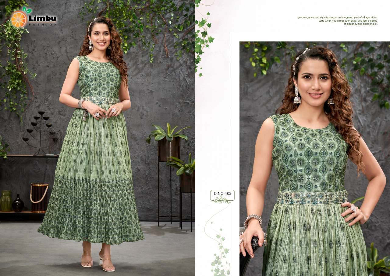 AASHVI BY LIMBU FASHION 101 TO 105 SERIES BEAUTIFUL STYLISH FANCY COLORFUL CASUAL WEAR & ETHNIC WEAR HEAVY KOTA CHEKS GOWNS AT WHOLESALE PRICE