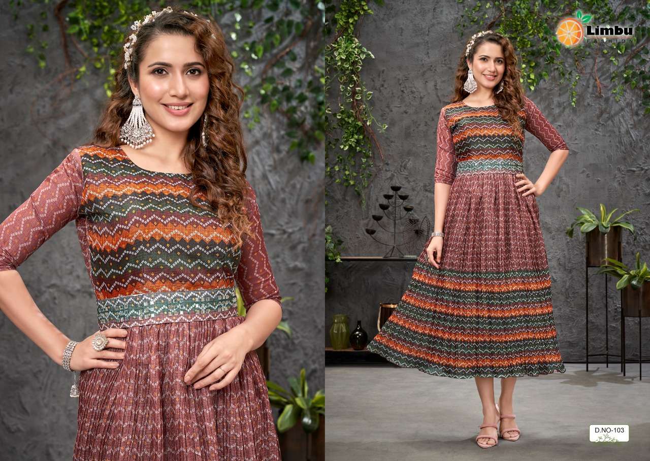 AASHVI BY LIMBU FASHION 101 TO 105 SERIES BEAUTIFUL STYLISH FANCY COLORFUL CASUAL WEAR & ETHNIC WEAR HEAVY KOTA CHEKS GOWNS AT WHOLESALE PRICE