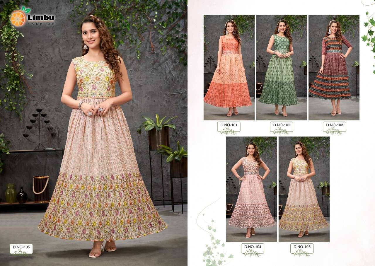 AASHVI BY LIMBU FASHION 101 TO 105 SERIES BEAUTIFUL STYLISH FANCY COLORFUL CASUAL WEAR & ETHNIC WEAR HEAVY KOTA CHEKS GOWNS AT WHOLESALE PRICE