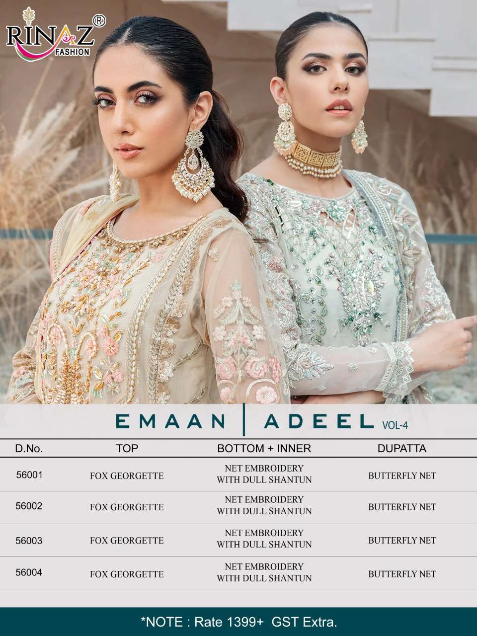 EMAAN ADEEL VOL-4 BY RINAZ FASHION 56001 TO 56004 SERIES PAKISTANI SUITS BEAUTIFUL FANCY COLORFUL STYLISH PARTY WEAR & OCCASIONAL WEAR FAUX GEORGETTE EMBROIDERY DRESSES AT WHOLESALE PRICE