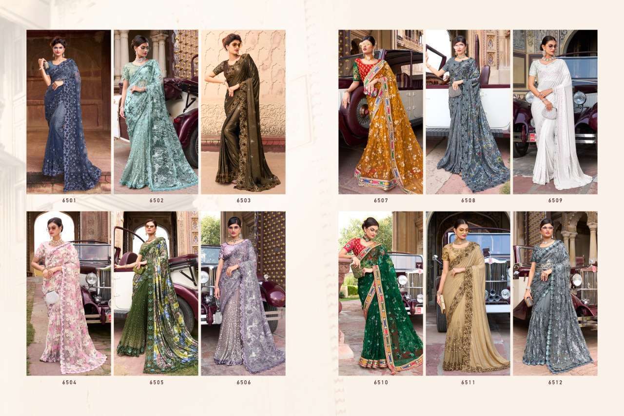 Swarovski Vol-5 By M.N. Sarees 6501 To 6512 Series Indian Traditional Beautiful Stylish Designer Banarasi Silk Jacquard Embroidered Party Wear Net Sarees At Wholesale Price