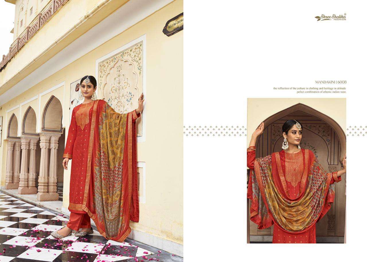 MANDAKINI VOL-6 BY SHREE SHALIKA FASHION 6001 TO 6008 SERIES DESIGNER SUITS BEAUTIFUL FANCY COLORFUL STYLISH PARTY WEAR & OCCASIONAL WEAR PURE VISCOSE DOLA JACQAURD EMBROIDERED DRESSES AT WHOLESALE PRICE