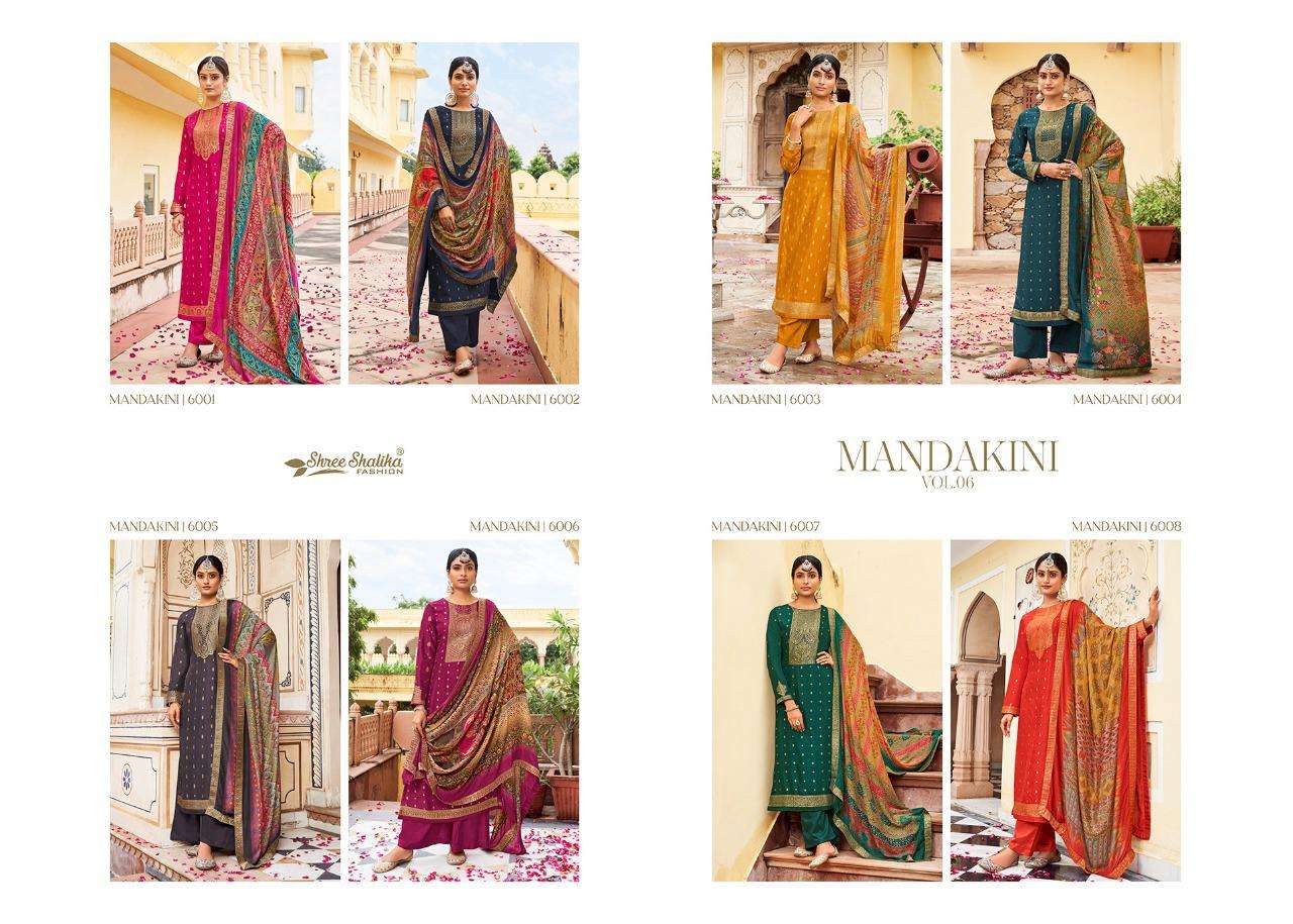 MANDAKINI VOL-6 BY SHREE SHALIKA FASHION 6001 TO 6008 SERIES DESIGNER SUITS BEAUTIFUL FANCY COLORFUL STYLISH PARTY WEAR & OCCASIONAL WEAR PURE VISCOSE DOLA JACQAURD EMBROIDERED DRESSES AT WHOLESALE PRICE
