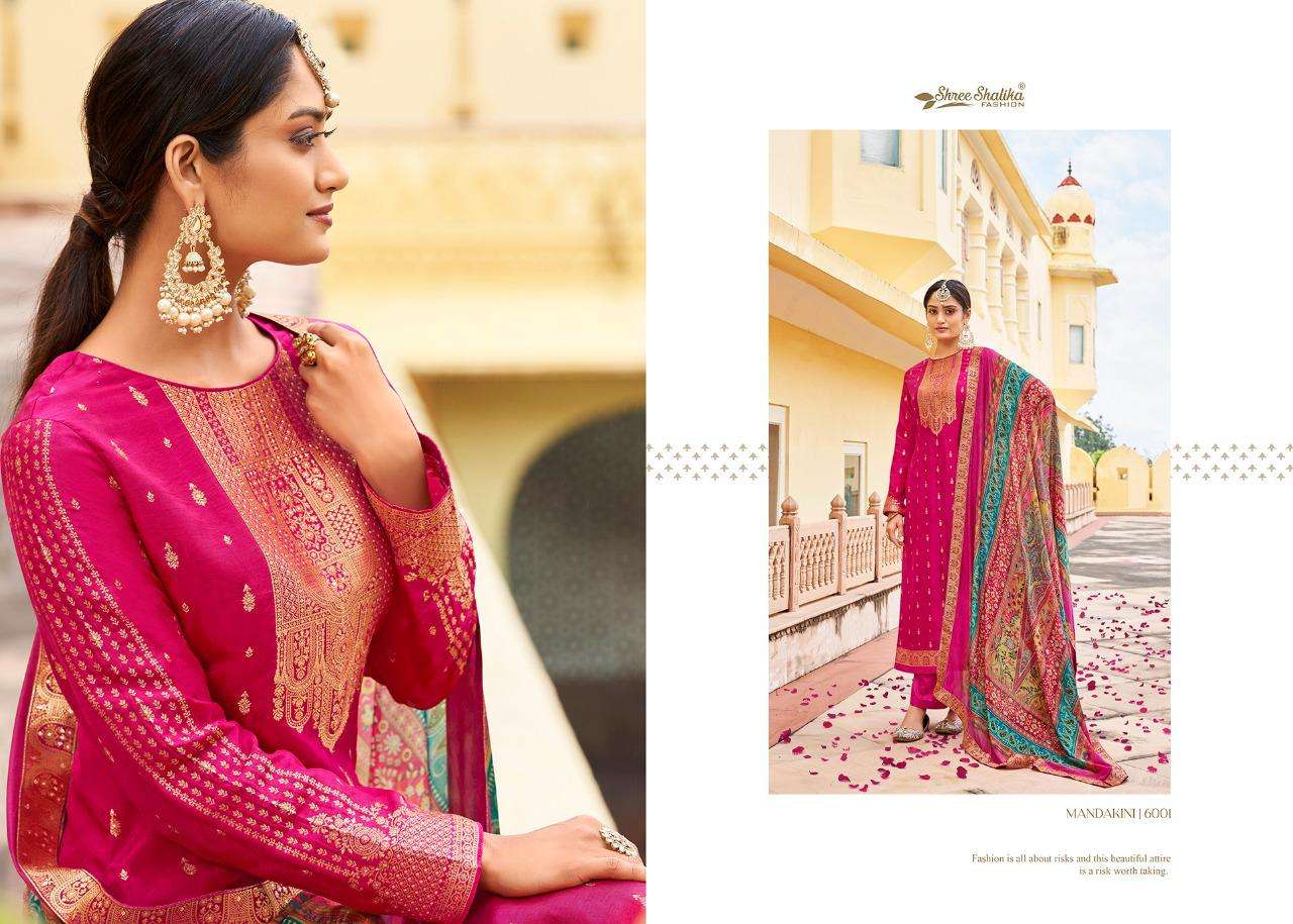 MANDAKINI VOL-6 BY SHREE SHALIKA FASHION 6001 TO 6008 SERIES DESIGNER SUITS BEAUTIFUL FANCY COLORFUL STYLISH PARTY WEAR & OCCASIONAL WEAR PURE VISCOSE DOLA JACQAURD EMBROIDERED DRESSES AT WHOLESALE PRICE