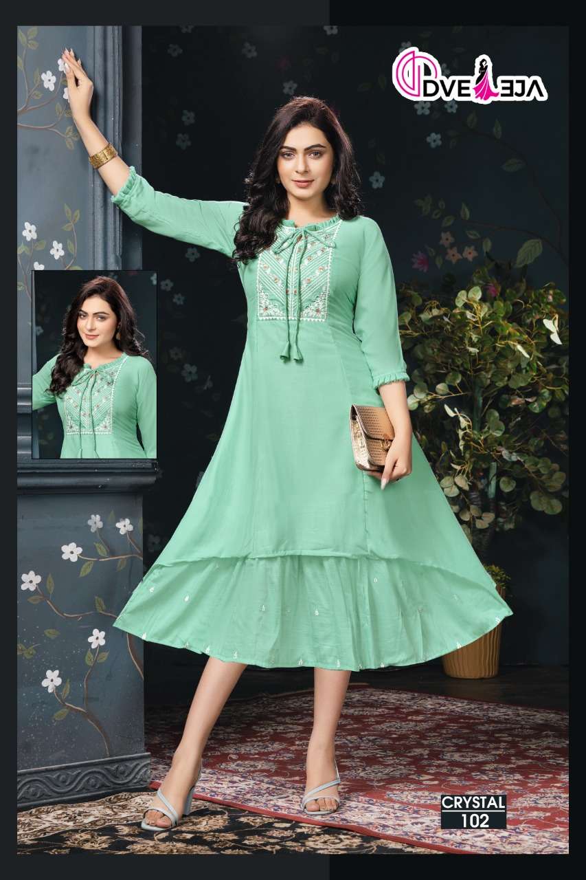 CRYSTAL BY DVEEJA 101 TO 106 SERIES BEAUTIFUL STYLISH FANCY COLORFUL CASUAL WEAR & ETHNIC WEAR CHINNON SILK KURTIS AT WHOLESALE PRICE