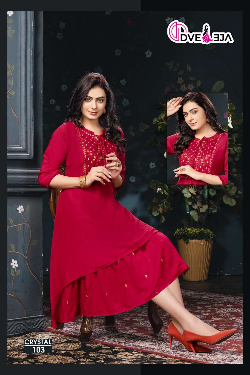 CRYSTAL BY DVEEJA 101 TO 106 SERIES BEAUTIFUL STYLISH FANCY COLORFUL CASUAL WEAR & ETHNIC WEAR CHINNON SILK KURTIS AT WHOLESALE PRICE
