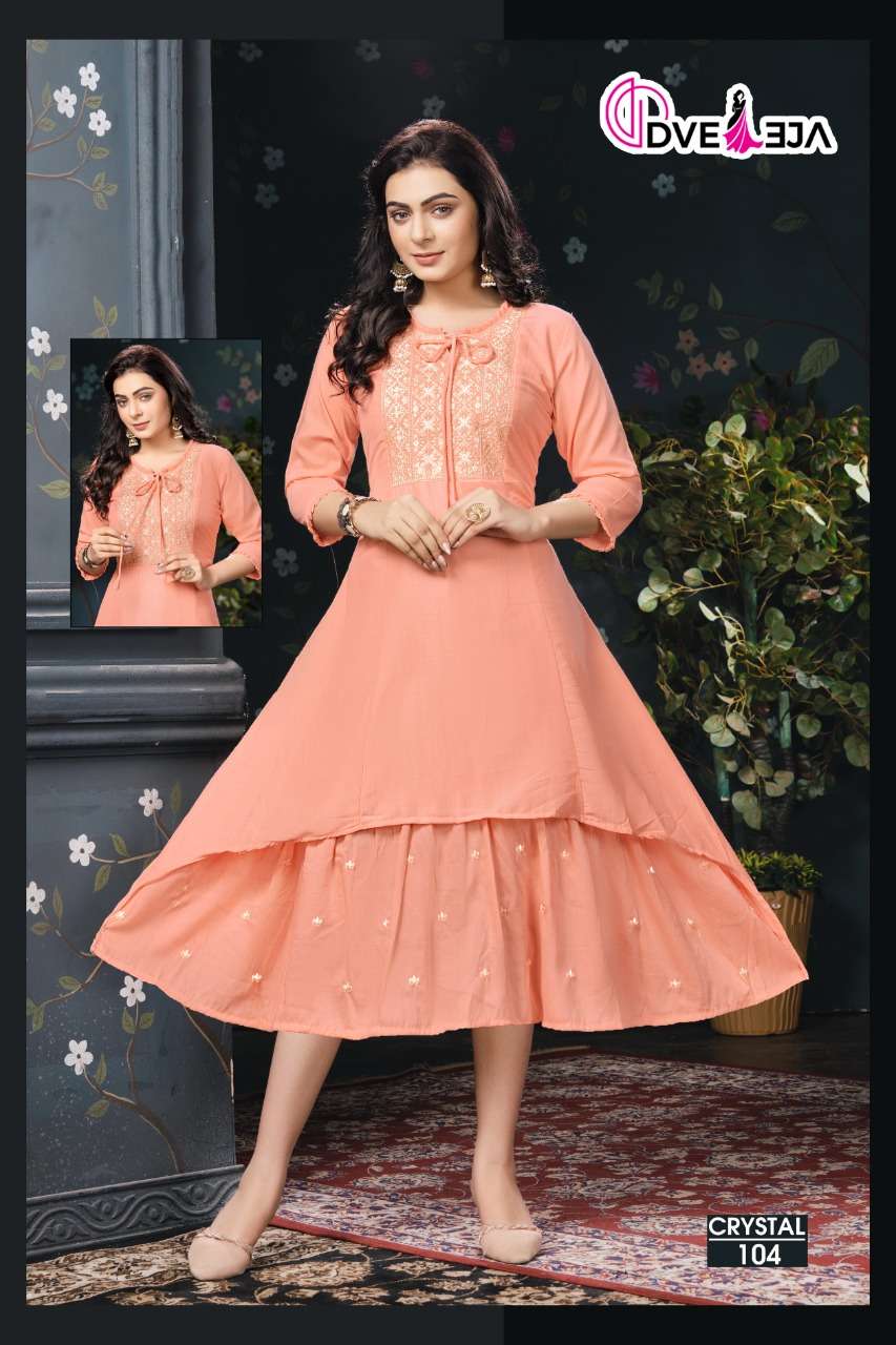CRYSTAL BY DVEEJA 101 TO 106 SERIES BEAUTIFUL STYLISH FANCY COLORFUL CASUAL WEAR & ETHNIC WEAR CHINNON SILK KURTIS AT WHOLESALE PRICE