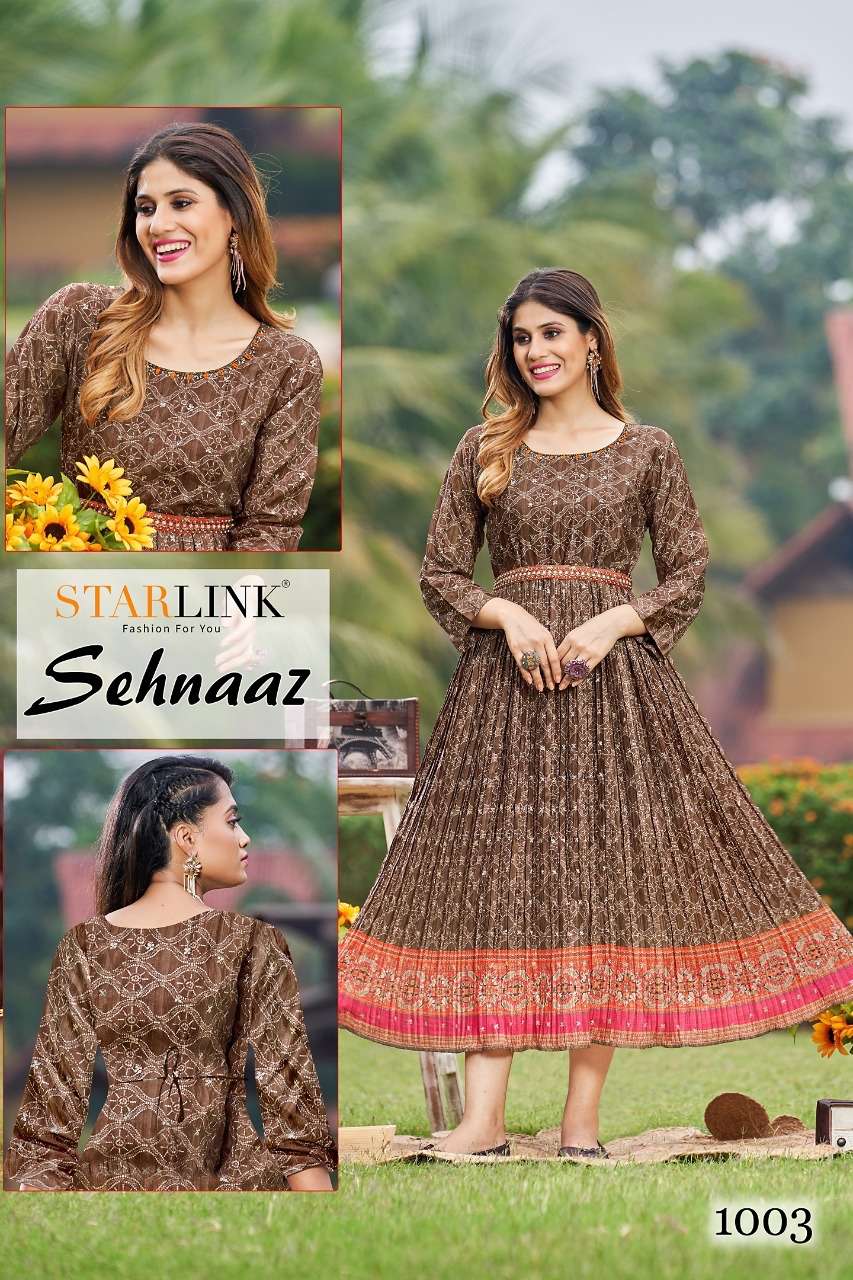 SEHNAAZ BY STARLINK 1001 TO 1008 SERIES BEAUTIFUL STYLISH FANCY COLORFUL CASUAL WEAR & ETHNIC WEAR CHINNON PRINT GOWNS AT WHOLESALE PRICE