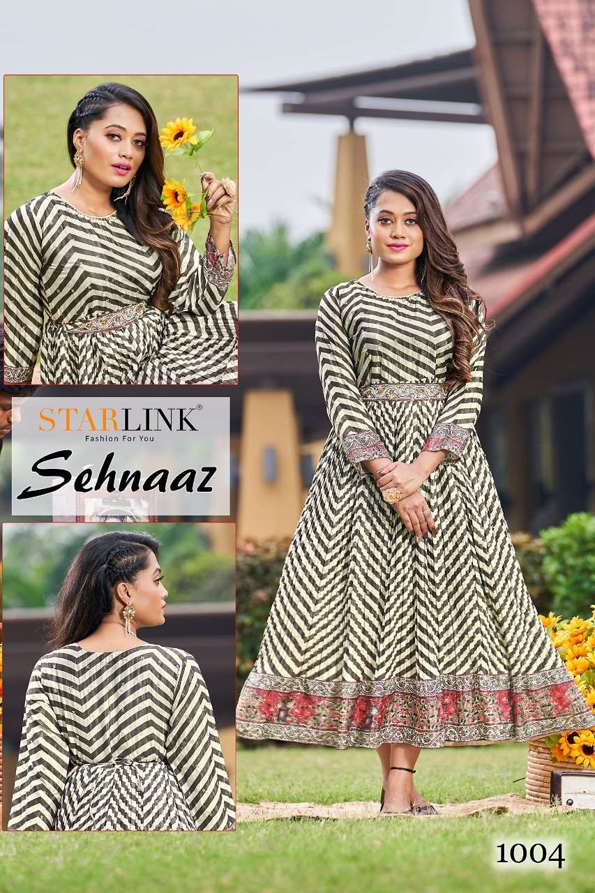 SEHNAAZ BY STARLINK 1001 TO 1008 SERIES BEAUTIFUL STYLISH FANCY COLORFUL CASUAL WEAR & ETHNIC WEAR CHINNON PRINT GOWNS AT WHOLESALE PRICE