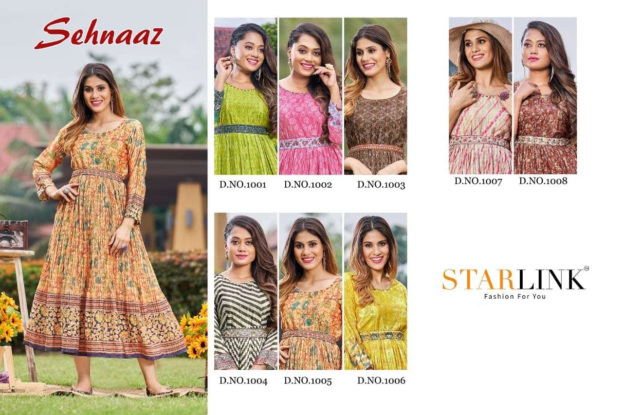 SEHNAAZ BY STARLINK 1001 TO 1008 SERIES BEAUTIFUL STYLISH FANCY COLORFUL CASUAL WEAR & ETHNIC WEAR CHINNON PRINT GOWNS AT WHOLESALE PRICE