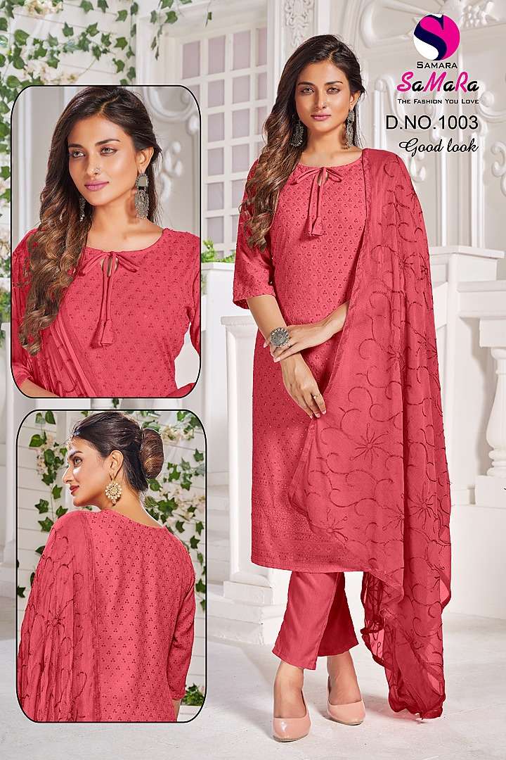 GOOD LOOK BY SAMARA 1001 TO 1010 SERIES DESIGNER SUITS BEAUTIFUL STYLISH FANCY COLORFUL PARTY WEAR & OCCASIONAL WEAR RAYON WITH WORK DRESSES AT WHOLESALE PRICE