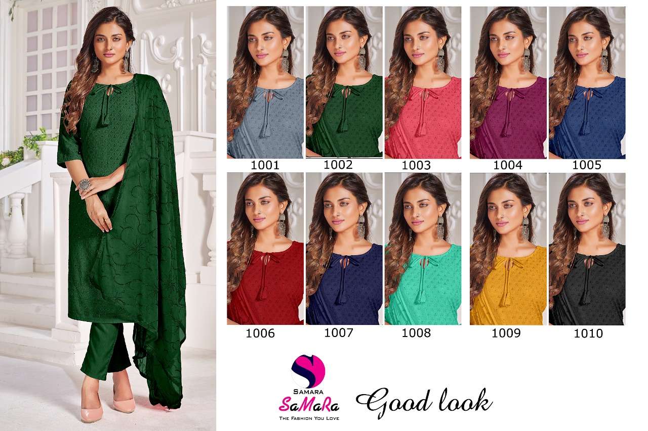GOOD LOOK BY SAMARA 1001 TO 1010 SERIES DESIGNER SUITS BEAUTIFUL STYLISH FANCY COLORFUL PARTY WEAR & OCCASIONAL WEAR RAYON WITH WORK DRESSES AT WHOLESALE PRICE