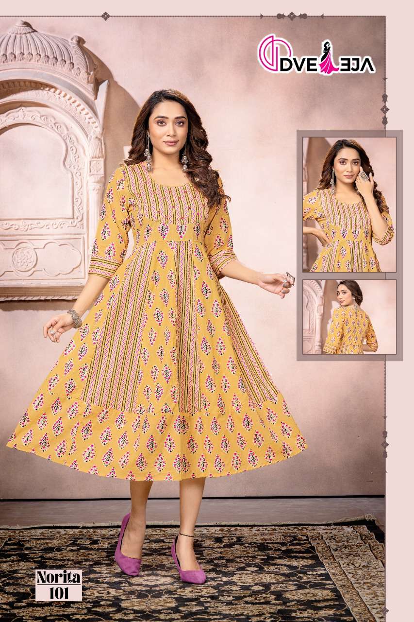NORITA BY DVEEJA 101 TO 106 SERIES BEAUTIFUL STYLISH FANCY COLORFUL CASUAL WEAR & ETHNIC WEAR COTTON PRINT KURTIS AT WHOLESALE PRICE