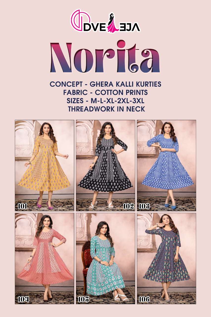 NORITA BY DVEEJA 101 TO 106 SERIES BEAUTIFUL STYLISH FANCY COLORFUL CASUAL WEAR & ETHNIC WEAR COTTON PRINT KURTIS AT WHOLESALE PRICE