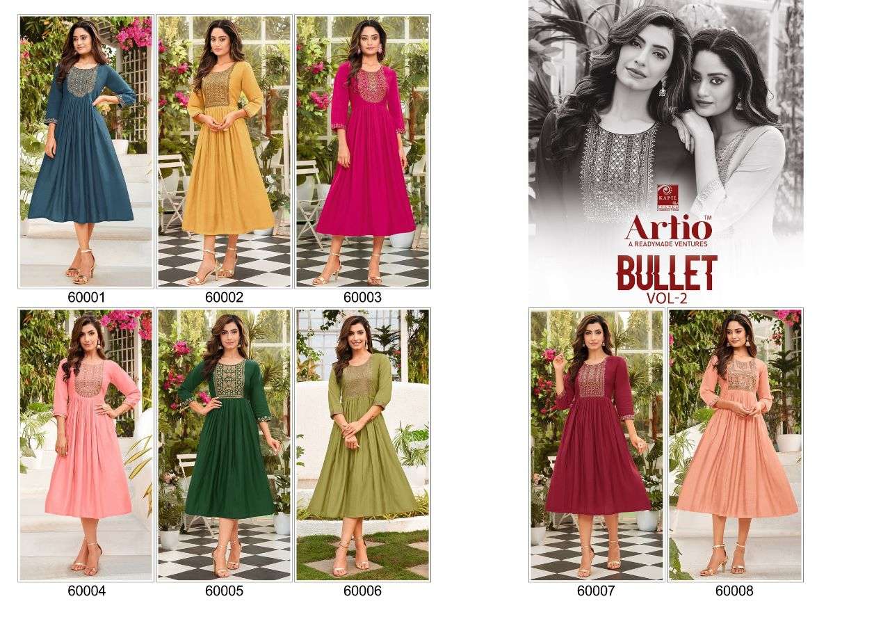 BULLET VOL-2 BY ARTIO 60001 TO 60008 SERIES DESIGNER STYLISH FANCY COLORFUL BEAUTIFUL PARTY WEAR & ETHNIC WEAR COLLECTION PURE VISCOSE SILK KURTIS AT WHOLESALE PRICE