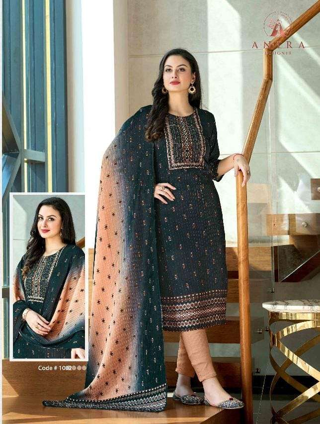 AARADHYA BY ANTRA 1001 TO 1006 SERIES SUITS BEAUTIFUL FANCY COLORFUL STYLISH PARTY WEAR & OCCASIONAL WEAR MUSLIN DRESSES AT WHOLESALE PRICE