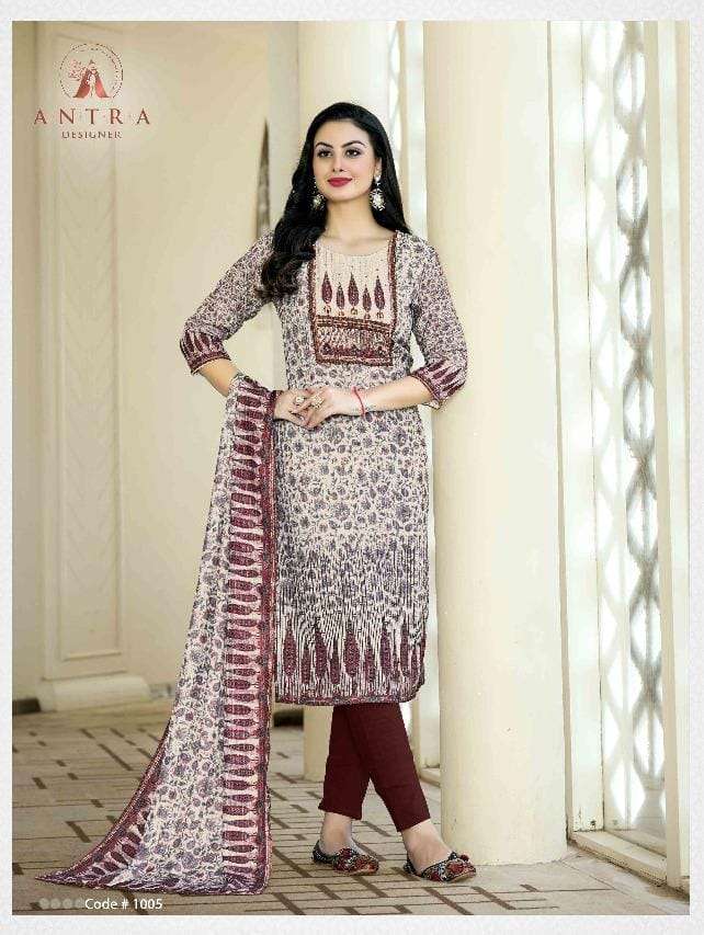 AARADHYA BY ANTRA 1001 TO 1006 SERIES SUITS BEAUTIFUL FANCY COLORFUL STYLISH PARTY WEAR & OCCASIONAL WEAR MUSLIN DRESSES AT WHOLESALE PRICE