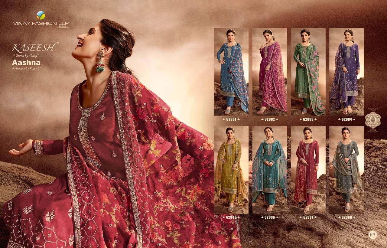 KASEESH AASHNA BY VINAY FASHION 62881 TO 62888 SERIES BEAUTIFUL SUITS COLORFUL STYLISH FANCY CASUAL WEAR & ETHNIC WEAR DOLA SILK EMBROIDERED DRESSES AT WHOLESALE PRICE
