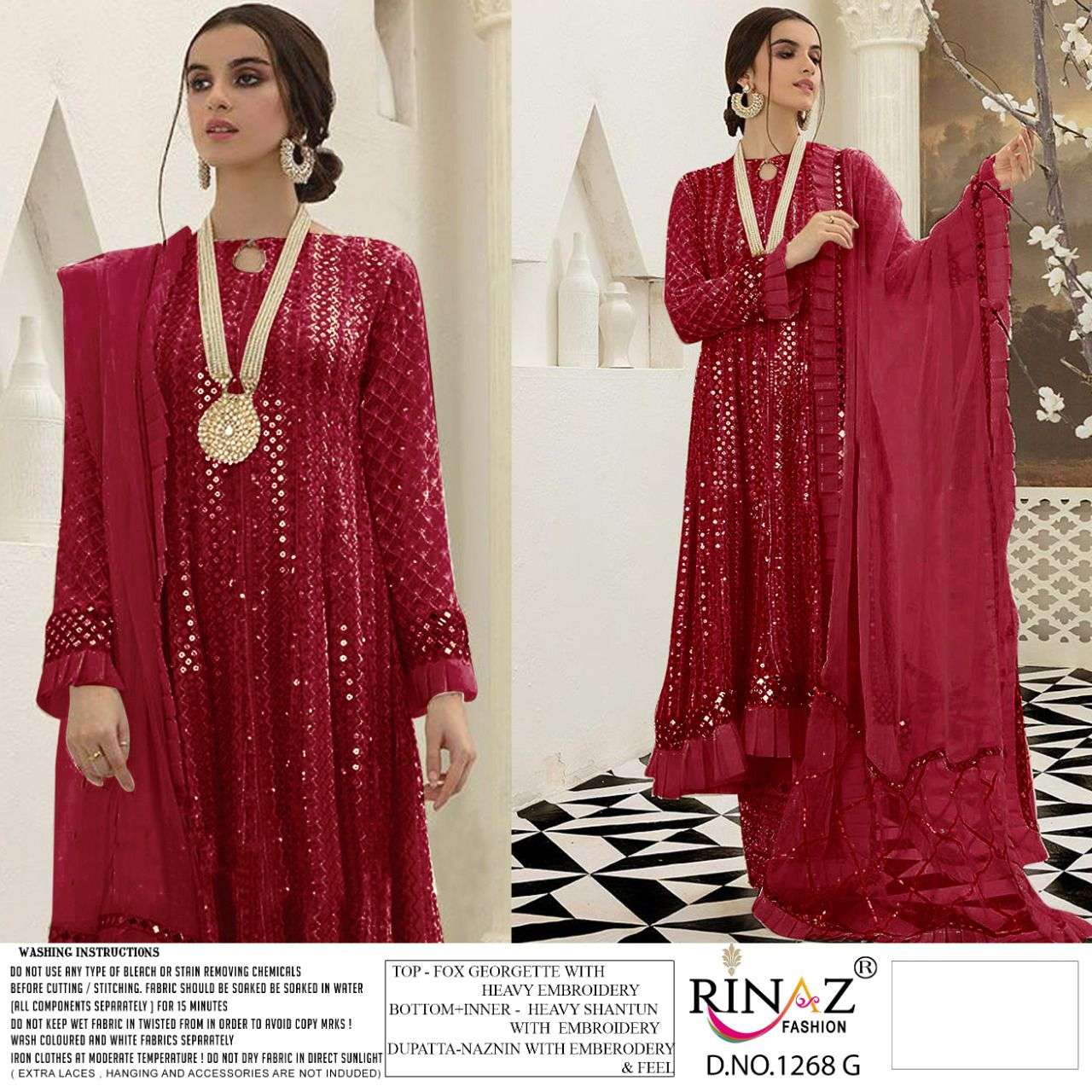 RINAZ 1268 COLOURS VOL-2 BY RINAZ FASHION 1268-F TO 1268-J SERIES BEAUTIFUL STYLISH PAKISTANI SUITS FANCY COLORFUL CASUAL WEAR & ETHNIC WEAR & READY TO WEAR FAUX GEORGETTE EMBROIDERY DRESSES AT WHOLESALE PRICE