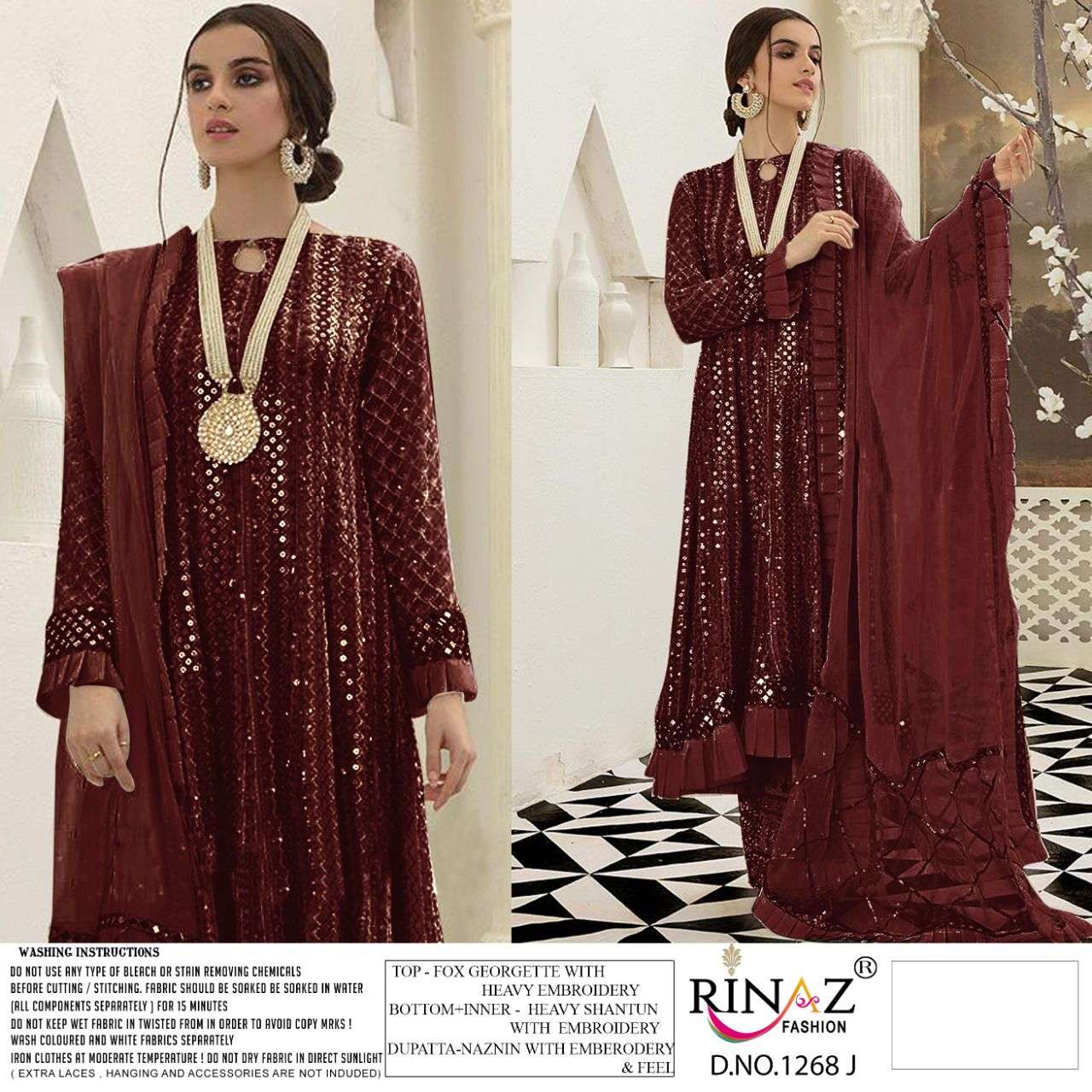 RINAZ 1268 COLOURS VOL-2 BY RINAZ FASHION 1268-F TO 1268-J SERIES BEAUTIFUL STYLISH PAKISTANI SUITS FANCY COLORFUL CASUAL WEAR & ETHNIC WEAR & READY TO WEAR FAUX GEORGETTE EMBROIDERY DRESSES AT WHOLESALE PRICE