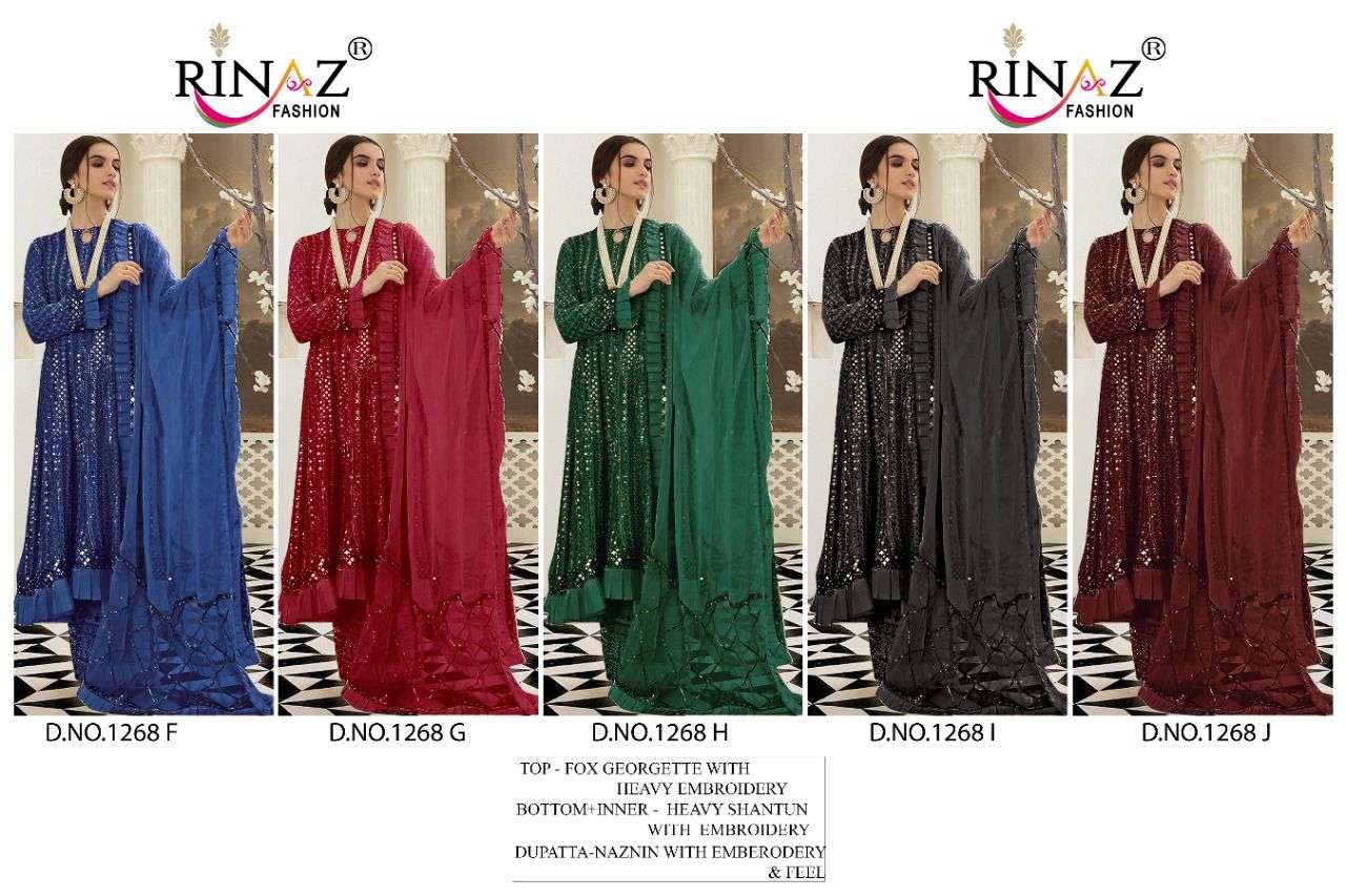 RINAZ 1268 COLOURS VOL-2 BY RINAZ FASHION 1268-F TO 1268-J SERIES BEAUTIFUL STYLISH PAKISTANI SUITS FANCY COLORFUL CASUAL WEAR & ETHNIC WEAR & READY TO WEAR FAUX GEORGETTE EMBROIDERY DRESSES AT WHOLESALE PRICE