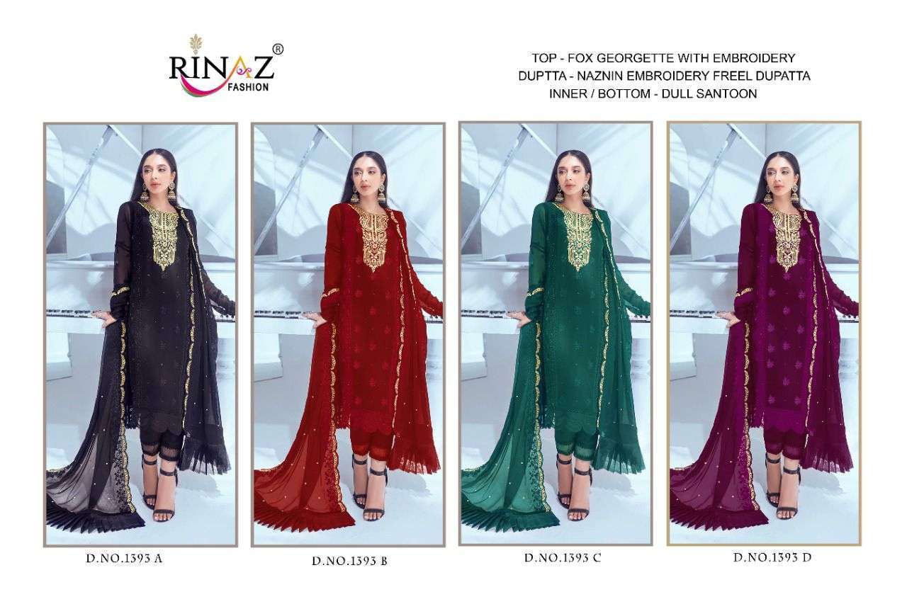 RINAZ 1393 COLOURS BY RINAZ FASHION 1393-A TO 1393-D SERIES BEAUTIFUL STYLISH PAKISTANI SUITS FANCY COLORFUL CASUAL WEAR & ETHNIC WEAR & READY TO WEAR FAUX GEORGETTE EMBROIDERY DRESSES AT WHOLESALE PRICE
