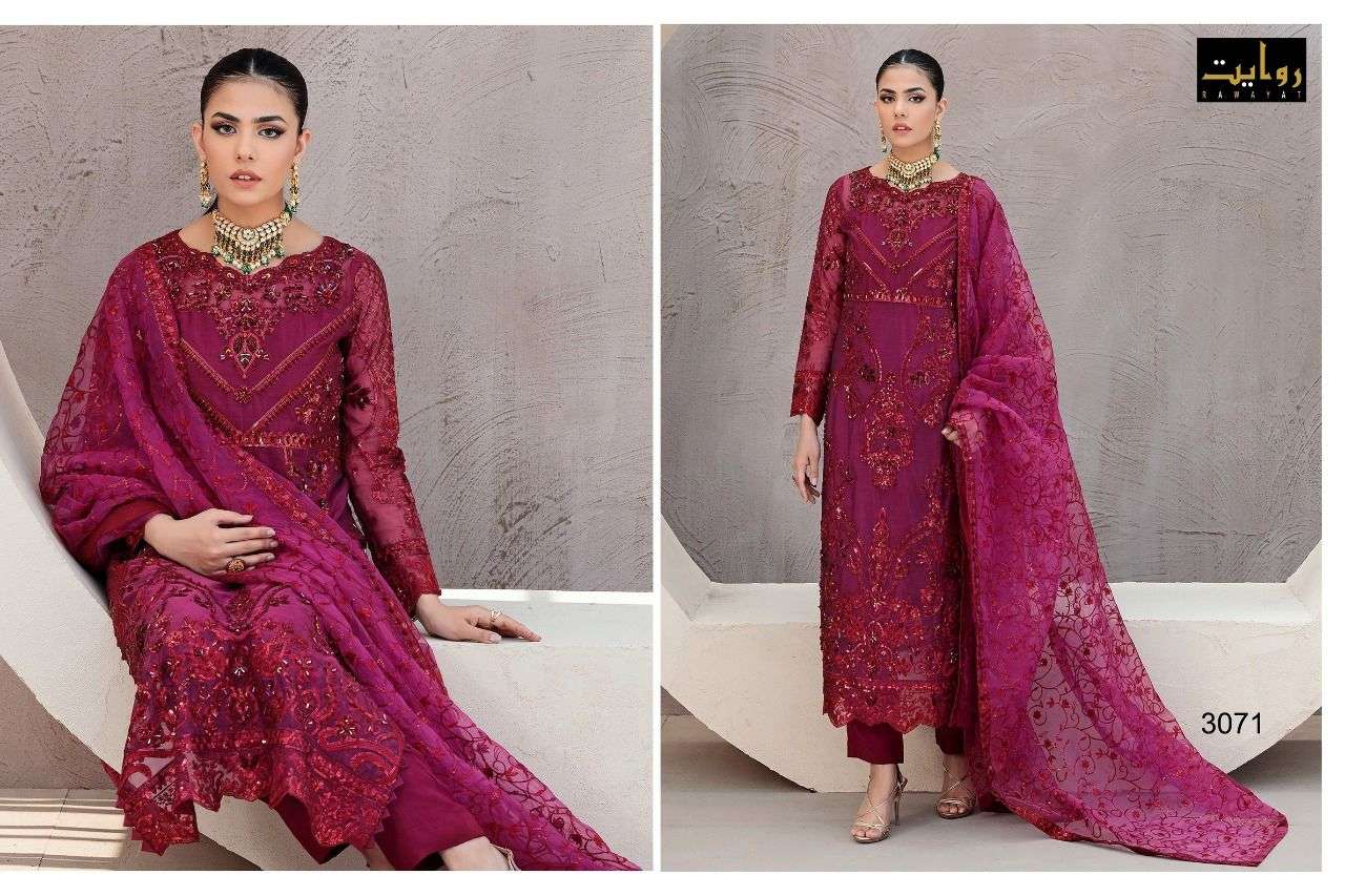 DAMASK X ROUCHE VOL-9 BY RAWAYAT 369 TO 371 SERIES BEAUTIFUL PAKISTANI SUITS COLORFUL STYLISH FANCY CASUAL WEAR & ETHNIC WEAR FAUX GEORGETTE DRESSES AT WHOLESALE PRICE