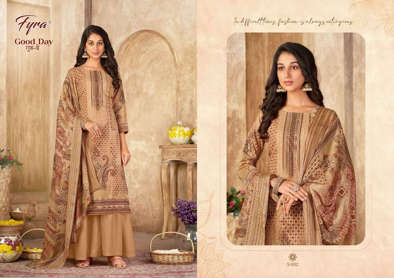 GOOD DAY BY FYRA 001 TO 010 SERIES BEAUTIFUL STYLISH SUITS FANCY COLORFUL CASUAL WEAR & ETHNIC WEAR & READY TO WEAR SOFT COTTON EMBRODIERED DRESSES AT WHOLESALE PRICE