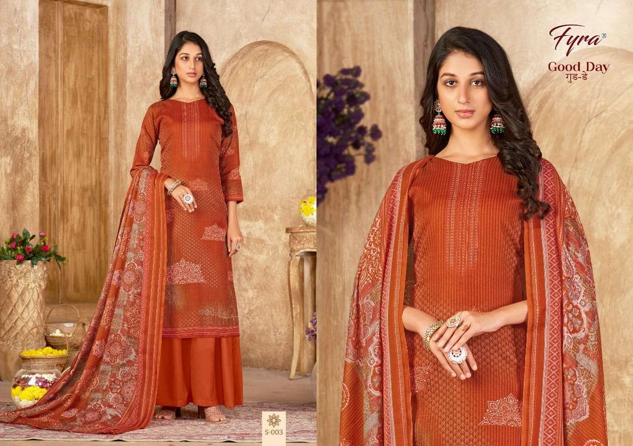 GOOD DAY BY FYRA 001 TO 010 SERIES BEAUTIFUL STYLISH SUITS FANCY COLORFUL CASUAL WEAR & ETHNIC WEAR & READY TO WEAR SOFT COTTON EMBRODIERED DRESSES AT WHOLESALE PRICE