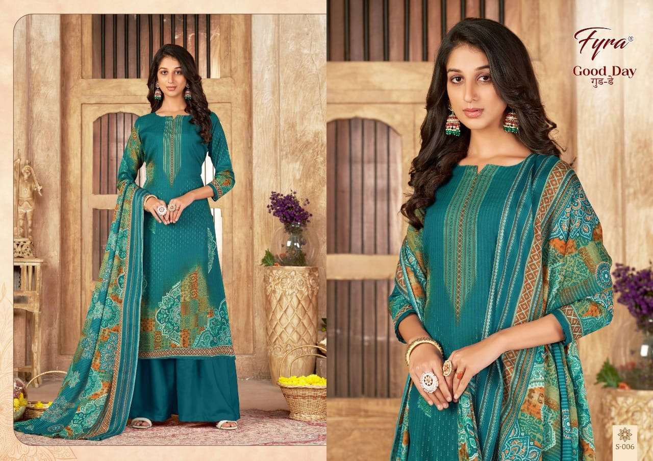 GOOD DAY BY FYRA 001 TO 010 SERIES BEAUTIFUL STYLISH SUITS FANCY COLORFUL CASUAL WEAR & ETHNIC WEAR & READY TO WEAR SOFT COTTON EMBRODIERED DRESSES AT WHOLESALE PRICE