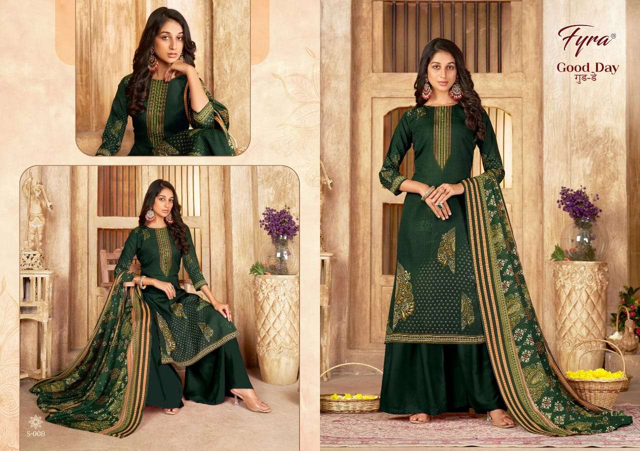 GOOD DAY BY FYRA 001 TO 010 SERIES BEAUTIFUL STYLISH SUITS FANCY COLORFUL CASUAL WEAR & ETHNIC WEAR & READY TO WEAR SOFT COTTON EMBRODIERED DRESSES AT WHOLESALE PRICE