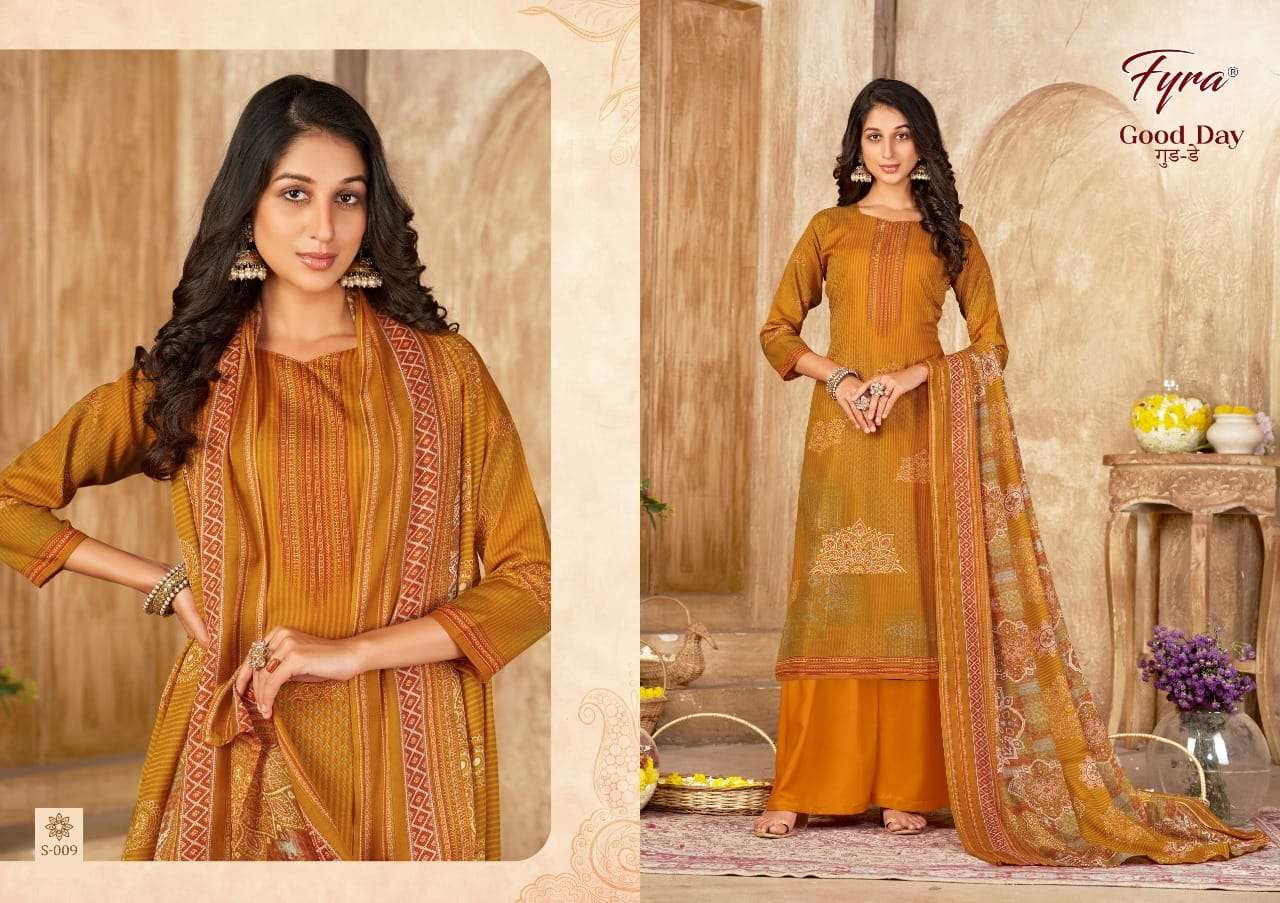 GOOD DAY BY FYRA 001 TO 010 SERIES BEAUTIFUL STYLISH SUITS FANCY COLORFUL CASUAL WEAR & ETHNIC WEAR & READY TO WEAR SOFT COTTON EMBRODIERED DRESSES AT WHOLESALE PRICE
