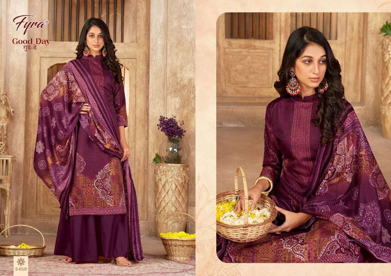GOOD DAY BY FYRA 001 TO 010 SERIES BEAUTIFUL STYLISH SUITS FANCY COLORFUL CASUAL WEAR & ETHNIC WEAR & READY TO WEAR SOFT COTTON EMBRODIERED DRESSES AT WHOLESALE PRICE