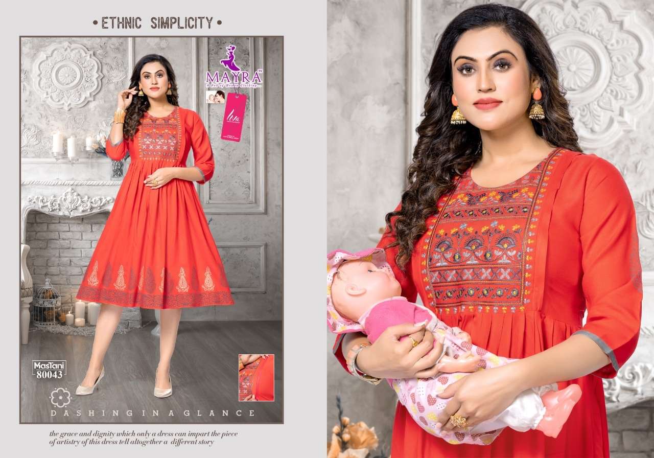 MASTANI BY MAYRA 80043 TO 80050 SERIES DESIGNER STYLISH FANCY COLORFUL BEAUTIFUL PARTY WEAR & ETHNIC WEAR COLLECTION RAYON EMBROIDERED KURTIS AT WHOLESALE PRICE