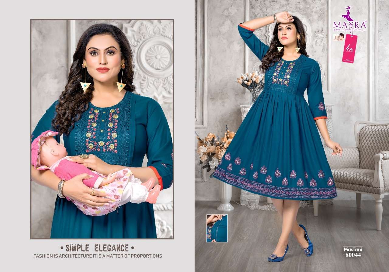 MASTANI BY MAYRA 80043 TO 80050 SERIES DESIGNER STYLISH FANCY COLORFUL BEAUTIFUL PARTY WEAR & ETHNIC WEAR COLLECTION RAYON EMBROIDERED KURTIS AT WHOLESALE PRICE