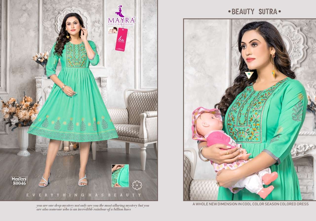 MASTANI BY MAYRA 80043 TO 80050 SERIES DESIGNER STYLISH FANCY COLORFUL BEAUTIFUL PARTY WEAR & ETHNIC WEAR COLLECTION RAYON EMBROIDERED KURTIS AT WHOLESALE PRICE